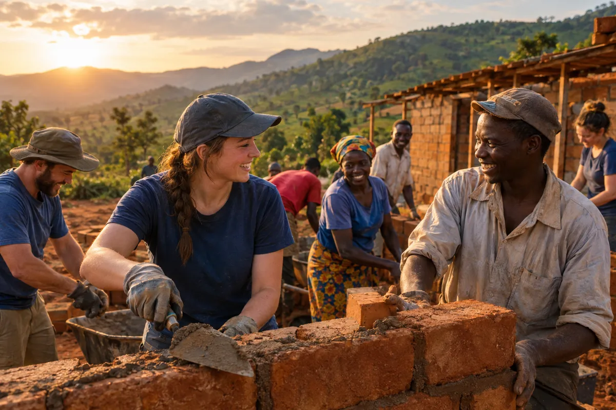 A mission team building a classroom alongside local community members